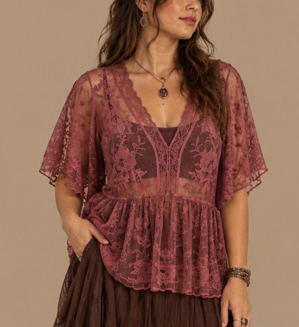 Lane Bryant Floral Sheer Mesh Peplum Blouse Size 18/20 Pink Romantic Fairy Boho